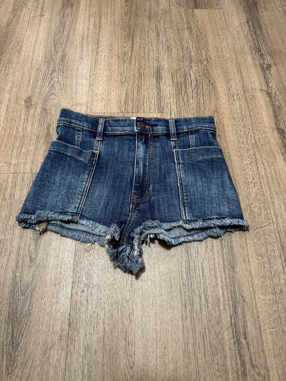 We The Free Women's Dark Blue Frayed Hem High-Rise Denim Shorts